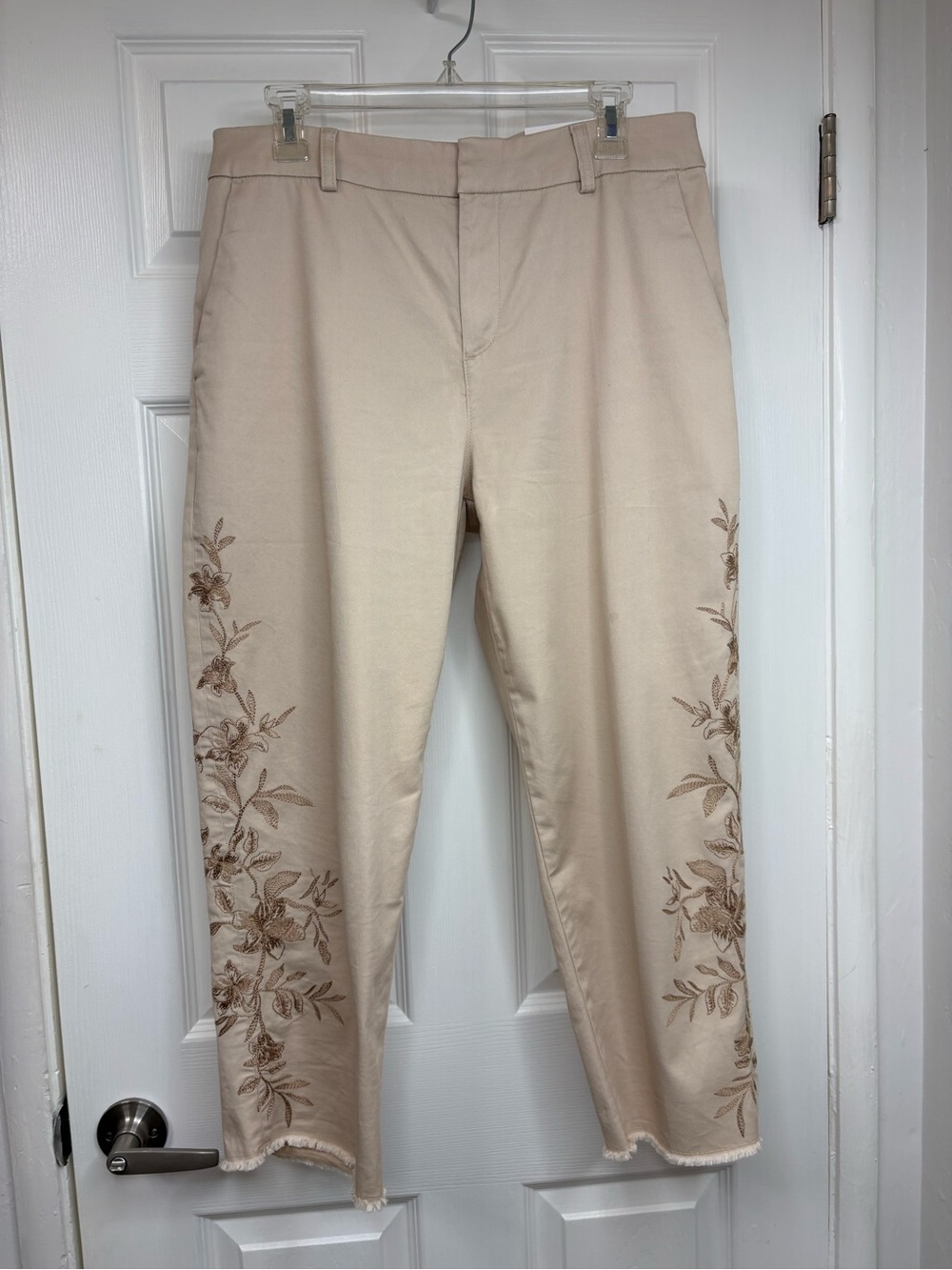 Chico's Beige Women’s Boyfriend Chinos with Floral Embroidery